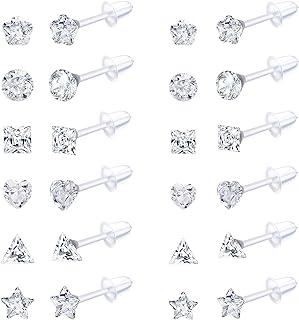 Jstyle 12Pairs Clear Plastic Stud Earrings for Women Acrylic Post Star Heart Rhinestone Ear Studs Piercing Retainers