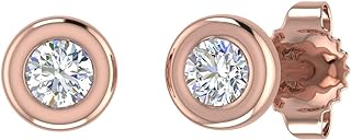 14K Gold Bezel Set Round Diamond Stud Earrings (1/10 Carat) (SI1-SI2 Clarity) Mothers Day Special