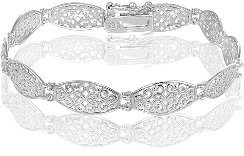 Vintage Box Chain Sterling Silver Bracelet with Secure Tongue and Safety Clasp, Oval Filigree Design - Elegant Gift for Her