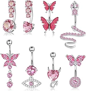 LOLIAS 14G Belly Button Rings Dangle Cute Gold Plated Snake Evil Eye Heart Clear CZ Butterfly Belly Button Rings for Women Belly Piercing Pack