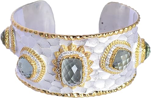 Green Amethyst & CZ Gemstone Embellished, 925 Sterling Silver Cable Chain Cuff Bangle, No Clasp Design, Handmade Luxury Jewellery for Unisex - Ideal Birthday Gift