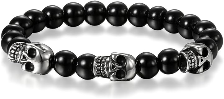Cupimatch Stainless SteelSkull Bracelet, Mens Skull Bracelet 8mm Buddha Black Beads Stretch Gothic Jewelry