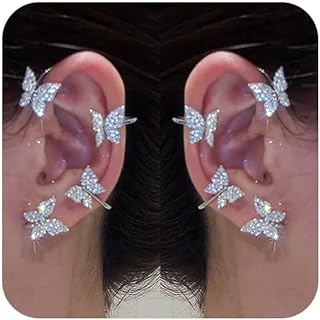 Butterfly Ear Cuff Earrings Sparkly Silver Butterfly Flower Tassle Ear Wrap Earrings Fairy Right Left No Piercing Ear Clip(B,Silver)