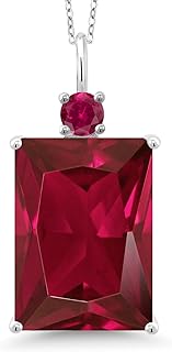 Gem Stone King 925 Sterling Silver Red Created Ruby Necklace | Emerald Cut 18X13MM Pendant Necklace for Women | 20.25 Cttw | With 18 Inch Silver Chain