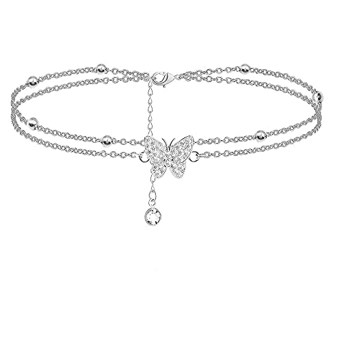 BINXWA Silver Ankle Bracelets for Women,14K Heart Double Layer Women's Anklets Adjustable Beach Anklets Gifts Jewelry for Women Teen Girls (mit gift box)…