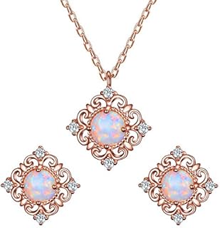 Spring Ring Clasp Rose Gold Opal Wedding Ring Set with Sterling Silver Chain for Women, Square Art Deco Floral Wave Design