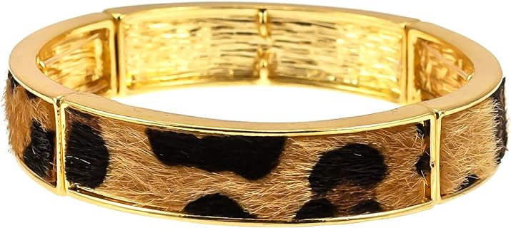 Slide Clasp Gold Tone Leopard Print Metal Bangle Bracelet with Snake Chain for Women - Unique Gypsy Inspired Design