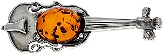 SilverAmber Jewellery - Genuine Baltic Amber & 925 Sterling Silver Violin Brooch - 4106