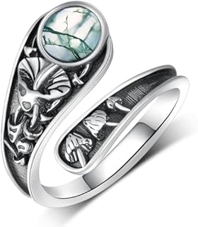 Moss Agate Mushroom Engagement Ring in Sterling Silver - Vintage Style Thumb Ring for Women and Girls