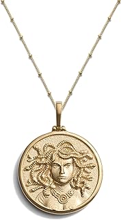 14K Gold Vermeil Goddess Charm Necklace with Lobster Clasp and Adjustable Saturn Chain for Women, Medusa Design