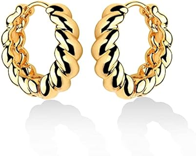 14K Gold Plated Croissant Hoop Earrings with Cubic Zirconia for Women, Huggie Hinged Hoop Design