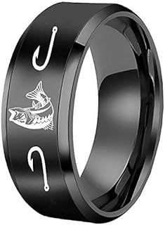 Men's 8mm Titanium Steel Hunting Fishing Wedding Ring, Polished Black Band Design