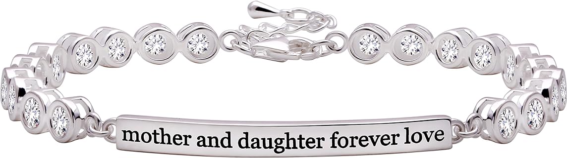 "Mother Daughter Heartfelt Connection" Sterling Silver Beaded Bracelet with Lobster Claw Clasp and Cubic Zirconia Embellishment