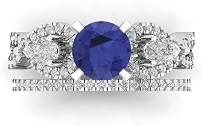 Clara Pucci 2.0ct Round Pear cut Custom Engraving 3 stone Faux Tanzanite Engagement Ring Band Wedding Bridal Set 14k White Gold 10