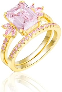 LAZLUVU Classic Cubic Zirconia Engagement Rings Square Pink Stone Bridal Set Promise Ring Jewelry Gift For Women Girls Wedding Anniversary