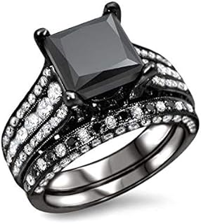 Solid 14K Black Gold Over 925 Silver 2.00 ct Princess & Round Cut Black CZ Diamond Engagement Wedding Halo Bridal Ring Set Womens