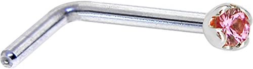 Body Candy Solid 14k White Gold 1.5mm Genuine Pink Sapphire L Shaped Nose Stud Ring 20 Gauge 1/4"