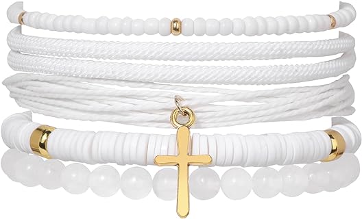 5PC Women's Easter Pink Clay Bead Bracelet Set with Bead Chain Design - Bohemian Stackable Heishi Friendship Surfer Bracelets with Braided Rope and Stone Details