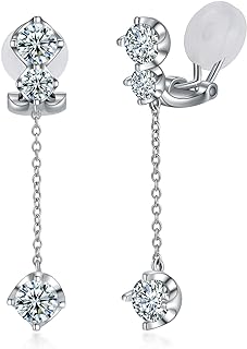 Cubic Zirconia Sterling Silver Dangle Clip-On Earrings for Non-Pierced Ears, Elegant Long Design for Weddings and Prom