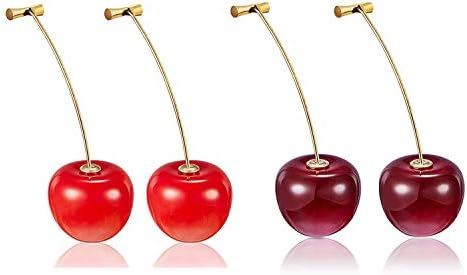 2Pcs 3D Simulation Red Cherry Drop Earrings Cute Fruit Gold Dangle Earrings Charm Jewelry Gift Wine Red Resin Fruit Studs Hanging Earrings for Girls Teens Women