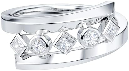 THELANDA Round and Princess Cut Genuine Moissanite or Simulated Diamond 8mm Wide Unisex Five Stones Split Twisted Bezel Set Wedding Band Ring