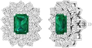 Emerald Cut Created Emerald & Round White Diamond Stud Earrings in 10K White Gold - Stylish Push Back Studs for Women - Dazzlingrock Collection