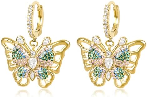 Gold Dangle Butterfly Earrings for Women with Colorful Cubic Zirconia Elegant CZ Hollow Butterfly Huggie Hoop Earrings Drop Intersect Fairy Butterfly Earrings Spring Summer Jewelry Gift for Girls