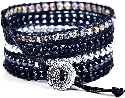 Spirit Wrist Beaded Wrap Bracelet with Bead Chain - Reilly Wrap Silver & Black Hematite Handmade in Bali - Versatile Boho Bracelet for Women & Men, 33 inches