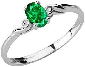 14K White Gold Oval Cut Green Emerald Solitaire Swirled Wavy May Birthstone Promise or Engagement Ring - Size 7-1/2