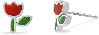 Boma Jewelry Sterling Silver Red & Green Resin Flower Stud Earrings