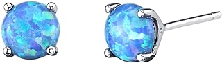 Peora 14K White Gold Created Blue Fire Opal Stud Earrings for Women, Hypoallergenic Solitaire Round Shape 1 Carat total, October Birthstone, Friction Back