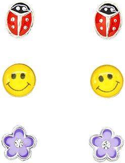 Sterling Silver Enamel Push-Back Stud Earrings Set for Women and Girls - Red Beetle, Yellow Smiley Face and Purple Flower Designs