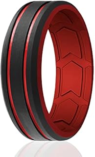ROQ Silicone Rubber Wedding Ring for Men, Comfort Fit, Men's Wedding Band, Enhanced Breathability, Beveled Edge 2 Lines Duo Inner Arrow Shape Grooves, 8mm Wide 2mm Thick, 6 Pack
