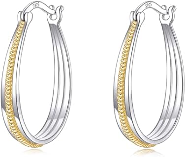 Exquisite Two-Tone Sterling Silver and Gold Hinged Hoop Earrings for Women and Girls - Elegant Oval Grooved Design