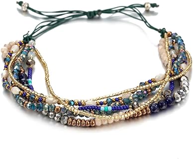 Adjustable Women's Beaded Wrap Bracelet with Cord, Braided, and Bead Chains, Embellished with Crystal Gems
