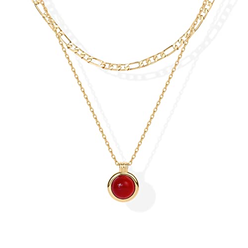 14K Gold Plated Layered Necklaces for Women | Gemstone Pendant Figaro Chain Necklace | Carnelian, Green Aventurine, Malachite Layering Necklace