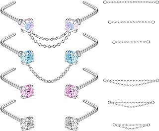 PunkTracker 20G Stainless Steel Cubic Zirconia Nose Stud and Chain Set in Heart and Star Designs for Women and Men