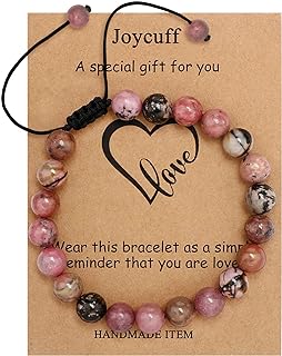 JoycuFF Unisex Stainless Steel Link Chain Matching Bracelets with Pink Black Rhodonite Stones - Ideal Anniversary/Valentine's Day Gift for Couples