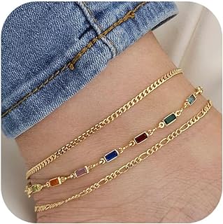 Rotnso Anklets for Women 14K Real Gold/Silver Plated Ankle Bracelets Trendy Waterproof Boho Anklets Set Adjustable Dainty Cute Diamond Beaded Heart Non Tarnish Summer Beach Jewelry Gift for Teen Girls