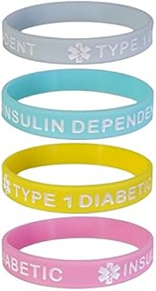 TYPE 1 DIABETIC INSULIN DEPENDENT Medical Alert ID Silicone Bracelet Wristbands Pastels 4 Pack