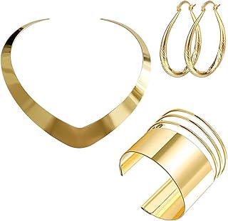Women's Princess Jewelry Set - Gold Alloy Choker Necklace, Wide Arm Cuff, Teardrop Earrings with Lobster Clasp - Ideal for Halloween, Cosplay, Parties