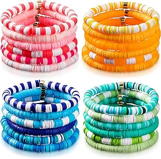 4 Pcs Stacking Bracelets Adjustable Bead Bracelets, Bohemian Vinyl Disc Beaded Stretch Bracelets Multilayered Bracelet for Parties Holiday