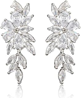 Women's Cubic Zirconia Wedding Earrings - 14k Plated Sterling Silver Bridal Crystal CZ Cluster Floral Flower Dangle Drop Earring for Bride Bridesmaids Party Prom Girls Costume Jewelry