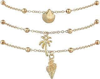 Crystal and Shell Embellished Gold-Plated Alloy Anklet with C-Chain, Beautiful Boho Handmade Foot Jewelry for Women and Girls, Featuring Coconut Tree Design