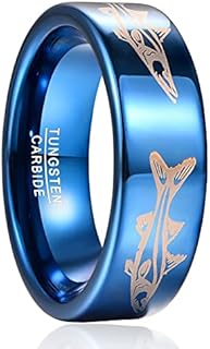 LINGMEI 8mm Width Men's Ring Tungsten Rings for Men Wedding Bands Blue Electroplated Laser Fish Wolf Moon Pattern Promise Rings for Men Engagement Ring Size 7-12