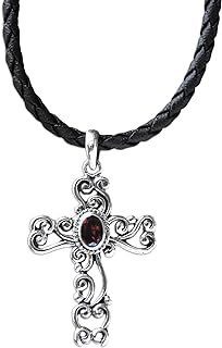 NOVICA Artisan Handmade Garnet Cross Necklace .925 Sterling Silver Religious Leather Red Pendant Cord Indonesia Birthstone 'Balinese Cross'