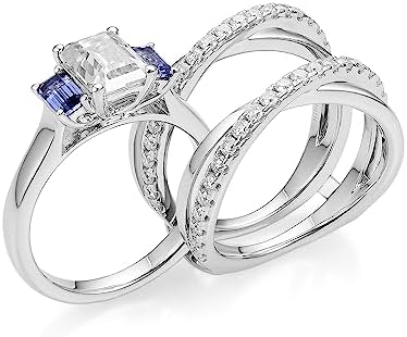 DovEggs Sterling Silver Emerald Cut Blue Moissanite Engagement Rings with Sapphire Accents, Luxury 3.2ct Total Weight Wedding Ring Set, Size 5.5