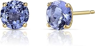 Peora 14K Yellow Gold Tanzanite Stud Earrings for Women, Genuine Gemstone, Round Shape, 6mm, 1.50 Carats total, AAA Grade, Friction Back