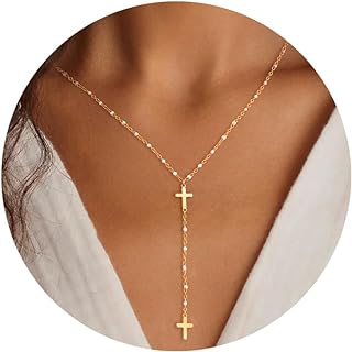 Dainty 18k Gold Plated Cross Pendant Necklace with Pearl Embellishment on Crisscross Chain for Women and Girls - Y-Shaped Design