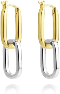 Two-Tone Gold Silver Convertible Chain Link Hoop Earrings for Women, Hinged Back, Sterling Silver Material, Perfect Gift Idea, No Gemstone, Paperclip-style Design